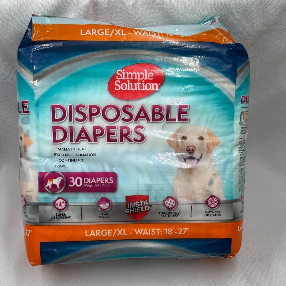 Simple Solution Disposable Dog Diapers L/XL 30 Count 18"–27" Waist New